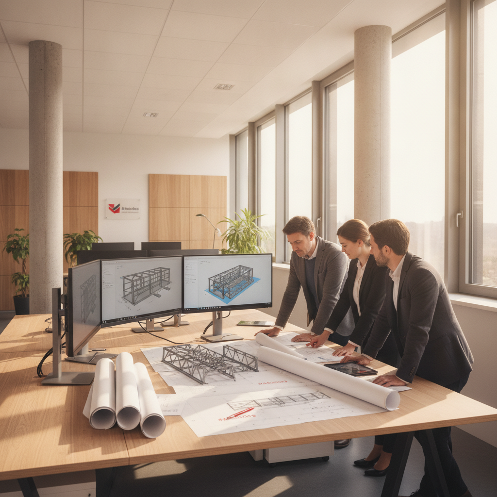 Bureau d'études structure métallique avec ingénieurs travaillant sur plans et modélisation 3D