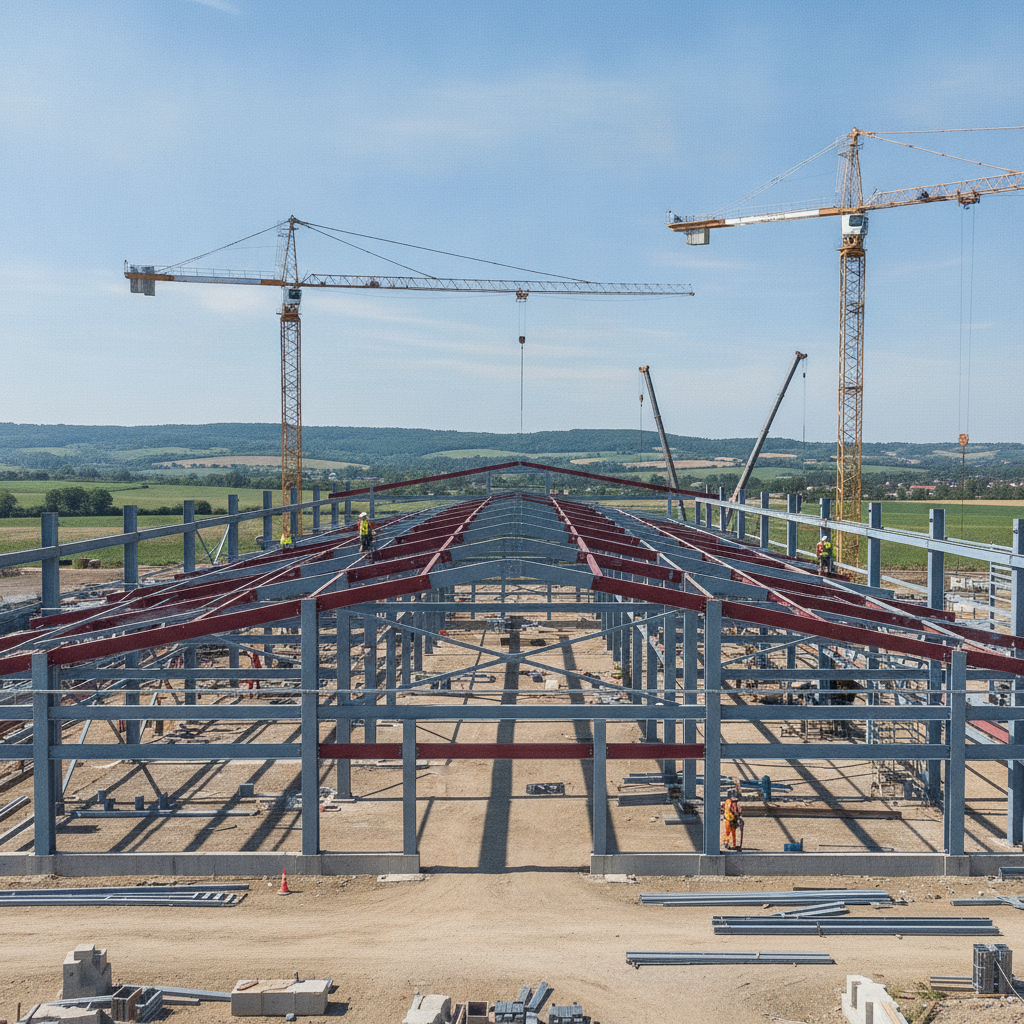 Chantier de construction métallique moderne avec structure acier et charpente métallique - RE2020