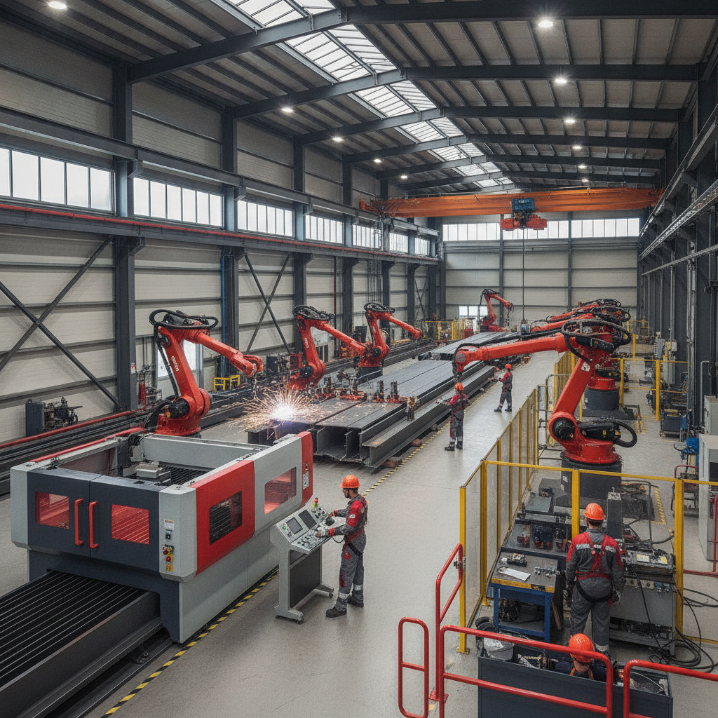 Atelier de fabrication métallique automatisé avec robots de soudure et structures en acier