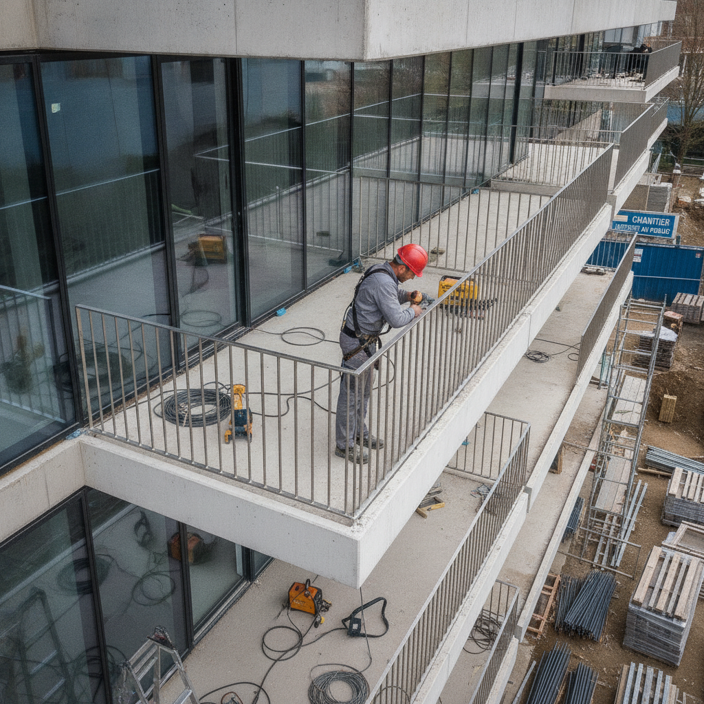 Installation de garde-corps métallique sur chantier