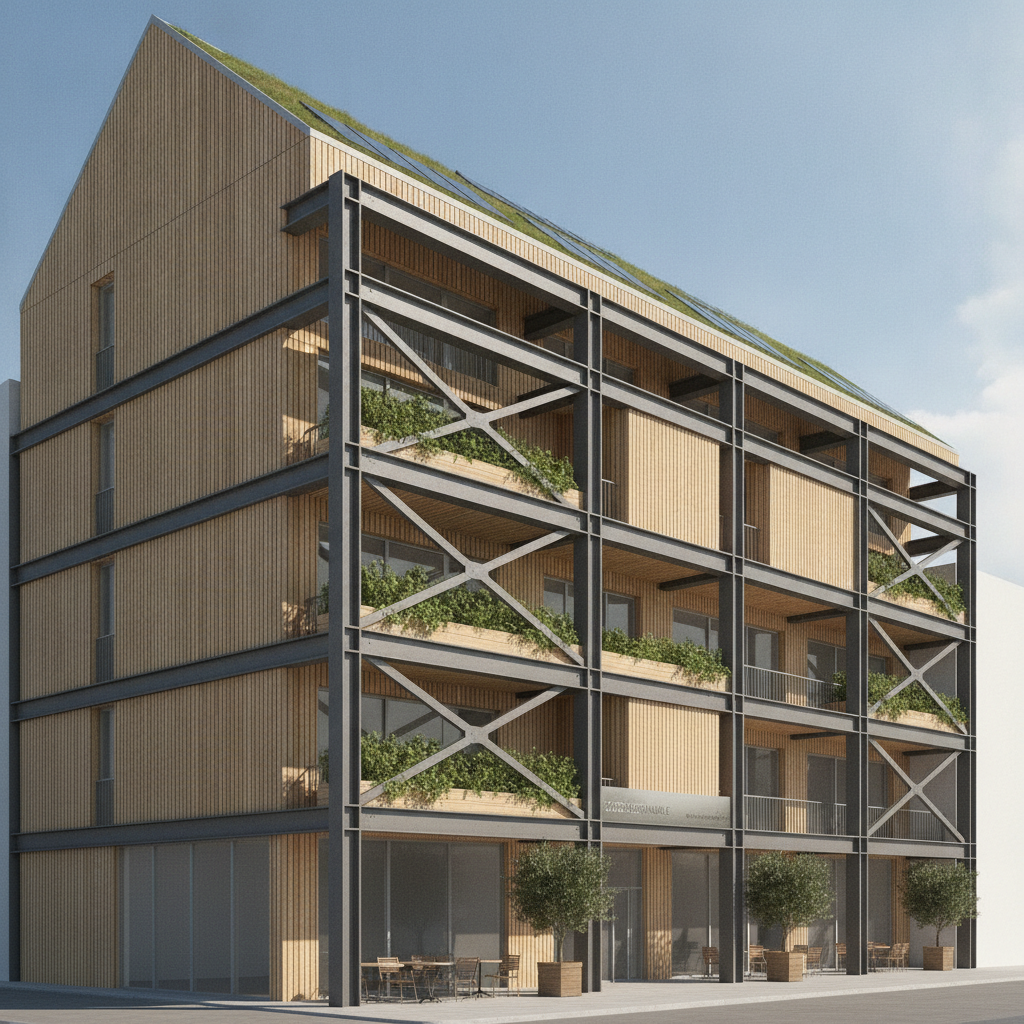 Structure métallique et bois mixte bâtiment durable 2026 architecture